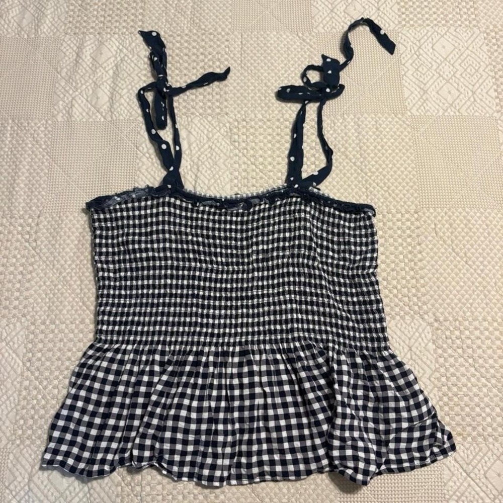 white + navy gingham tank top with polka dot straps , XXL